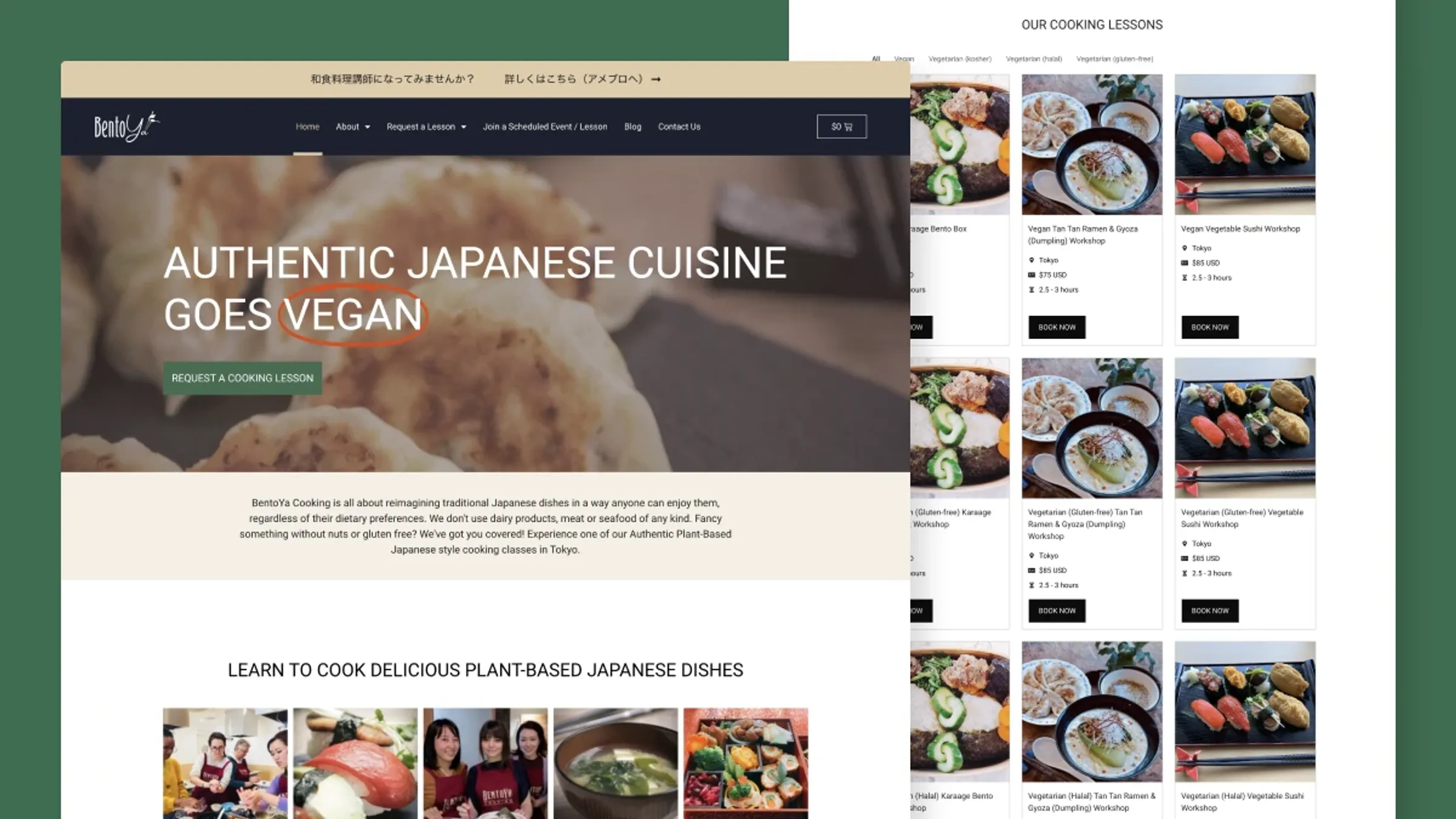 Bentoya Cooking website showing the cooking class booking interface
