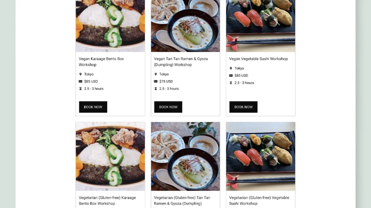Scannable class cards showing price, duration and dietary options