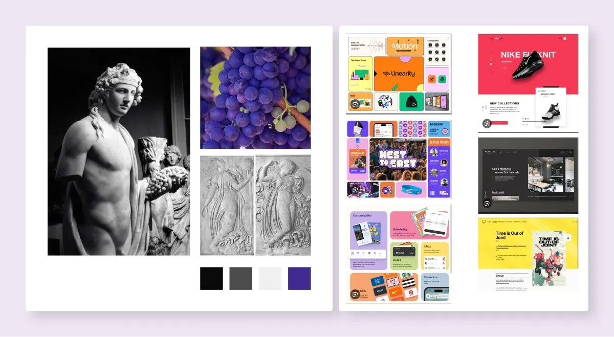 Moodboard exploring color palettes, editorial layouts and mythological imagery