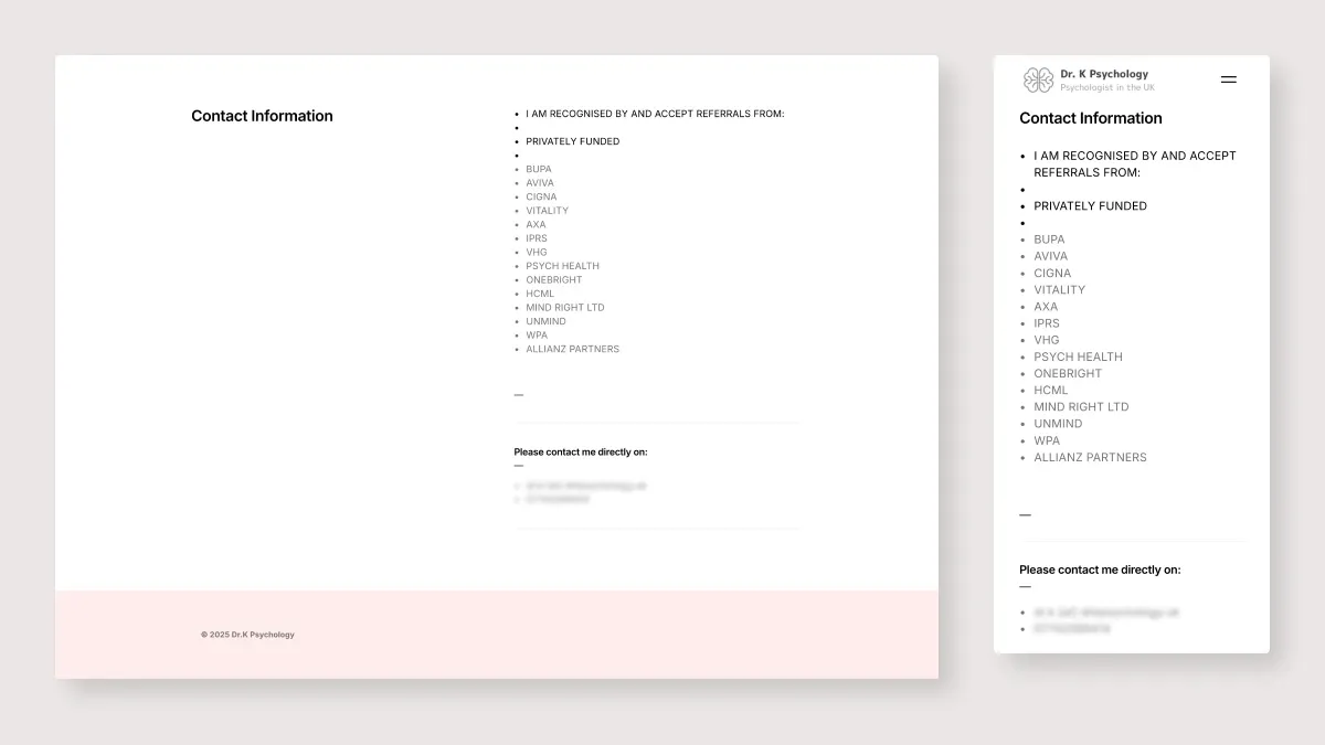 Contact section with email and phone links
