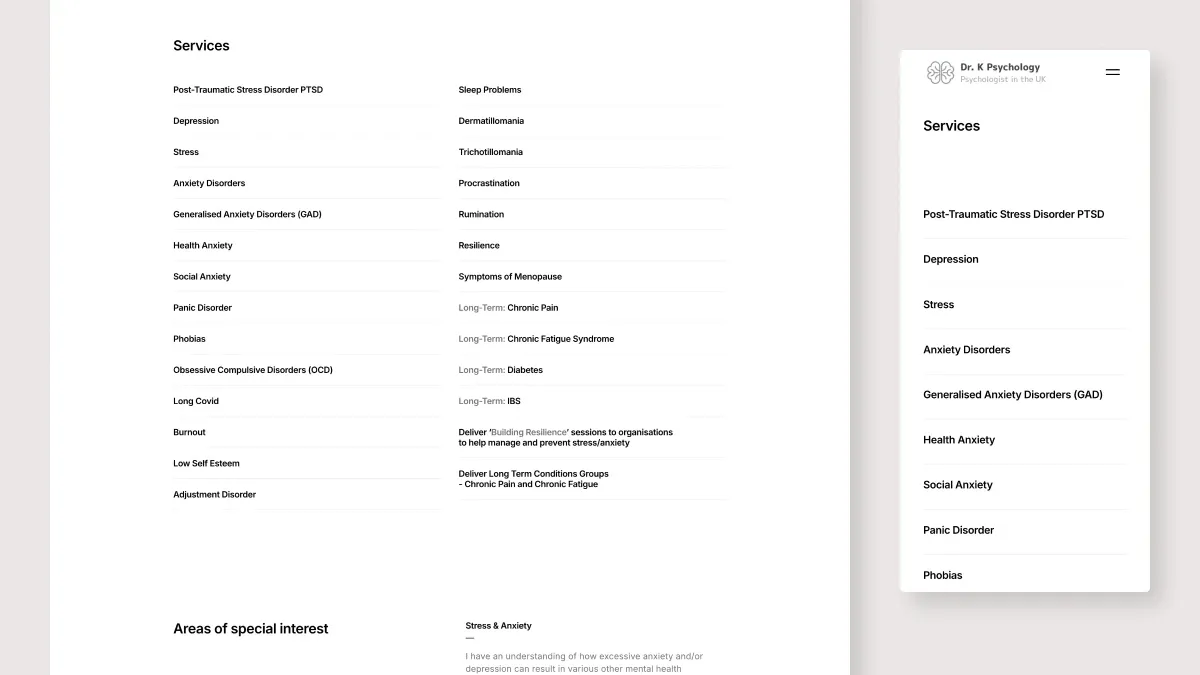 Services and areas of special interest