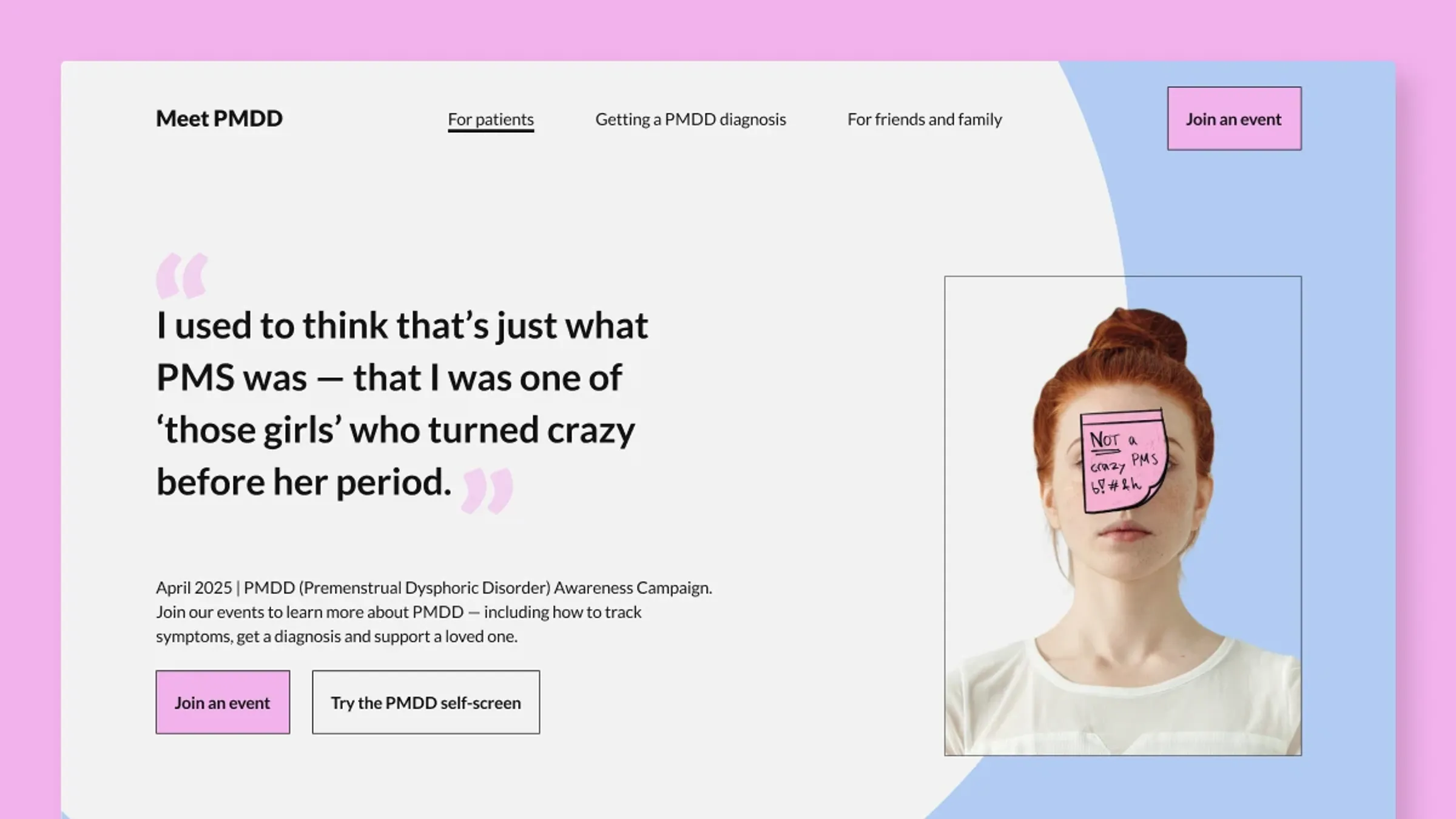 Meet PMDD campaign landing page and social media designs